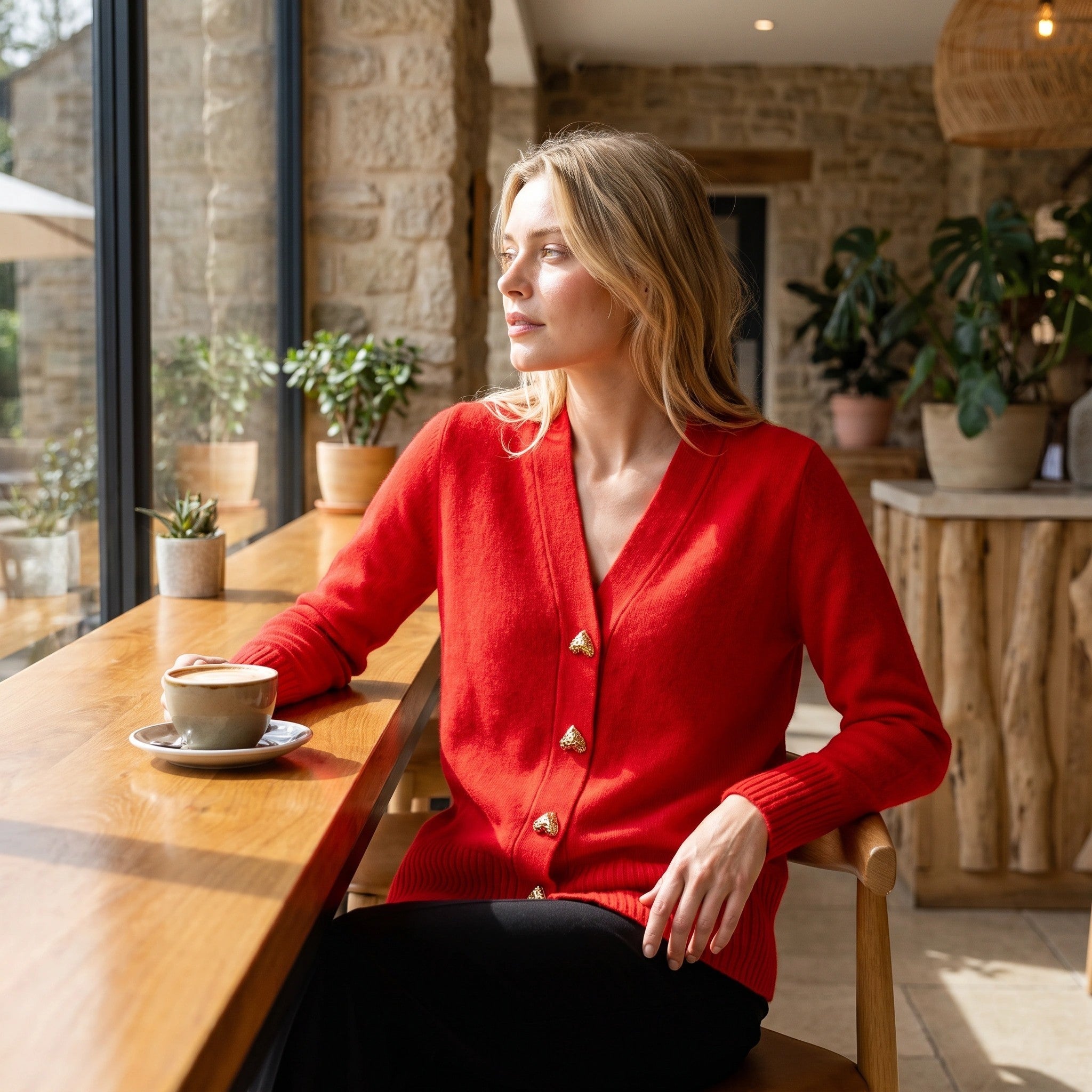 Women's V Neck Cardigan with Button Front and Ribbed Cuffs