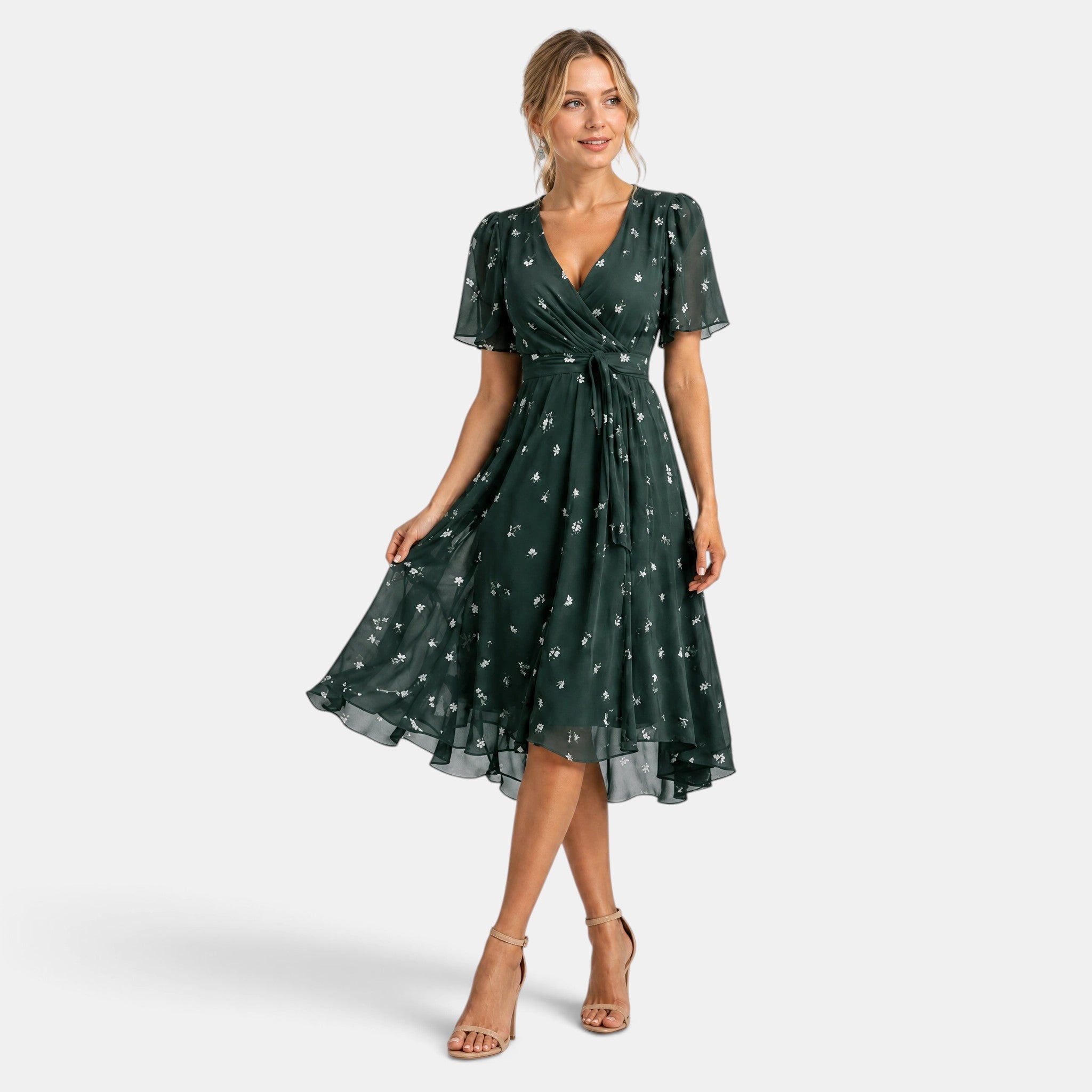 Women's V-Neck Dress with Short Sleeves and Waist Tie