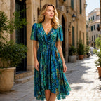 Women's V-Neck Dress with Short Sleeves and Waist Tie