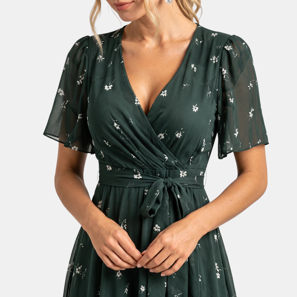 Women's V-Neck Dress with Short Sleeves and Waist Tie