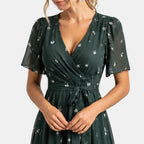 Women's V-Neck Dress with Short Sleeves and Waist Tie