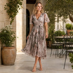 Women's V-Neck Dress with Short Sleeves and Waist Tie