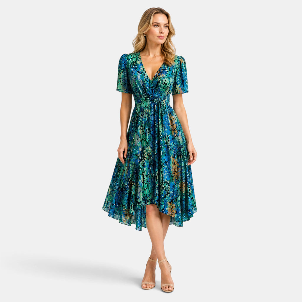 Women's V-Neck Dress with Short Sleeves and Waist Tie