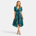 Women's V-Neck Dress with Short Sleeves and Waist Tie