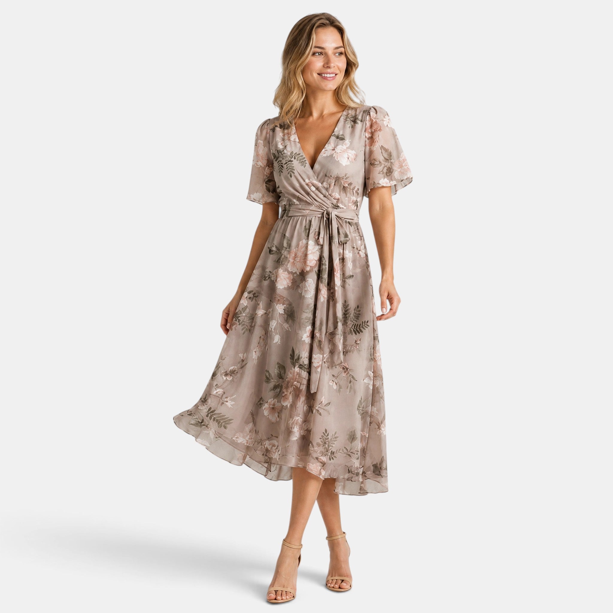 Women's V-Neck Dress with Short Sleeves and Waist Tie