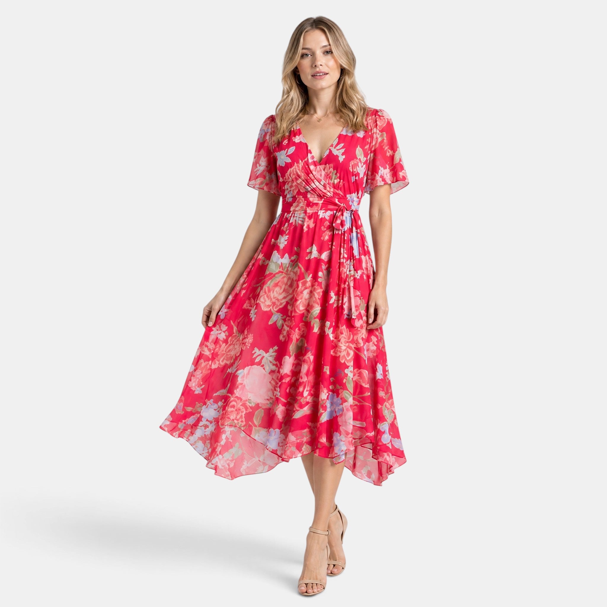 Women's V-Neck Dress with Short Sleeves and Waist Tie
