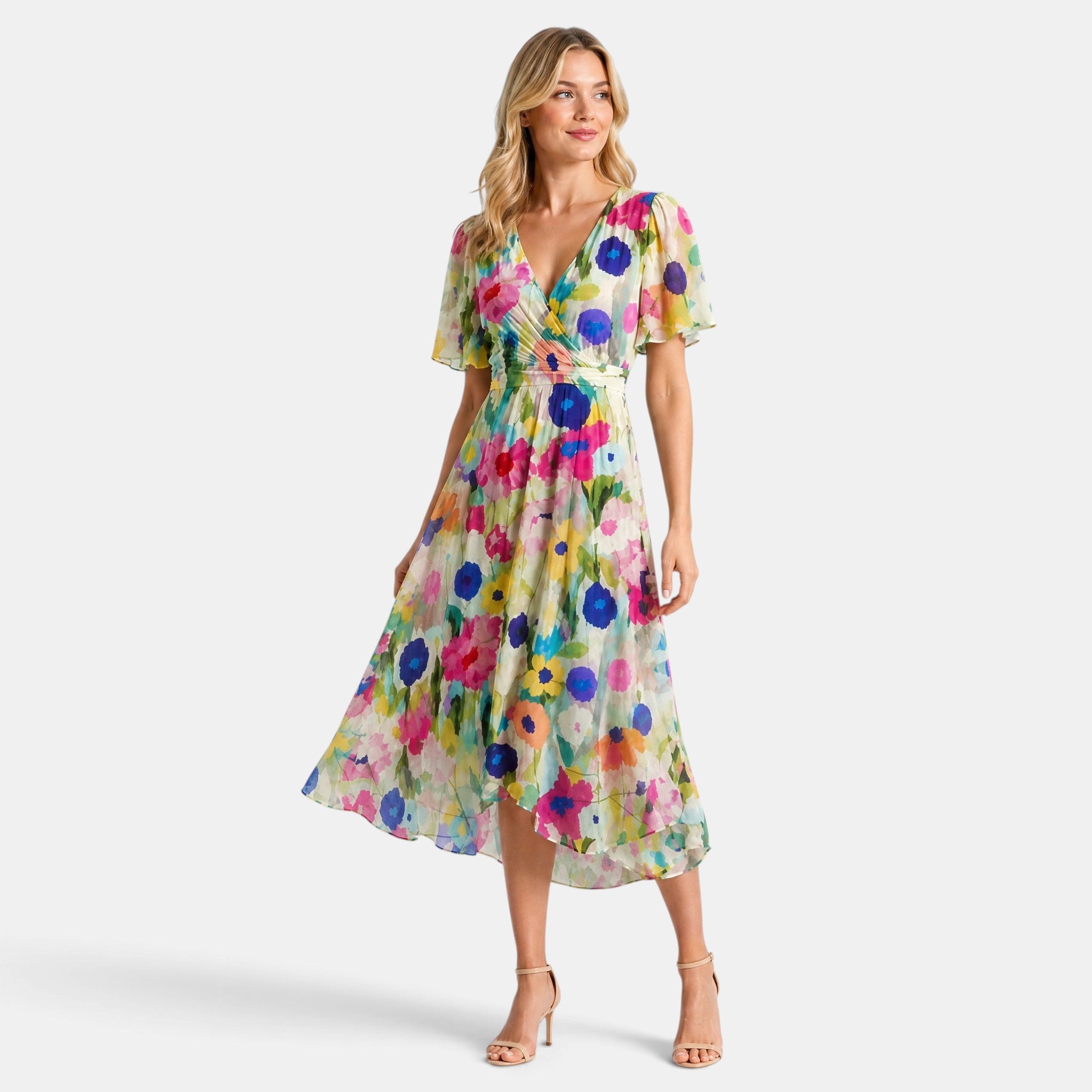 Women's V-Neck Dress with Short Sleeves and Waist Tie