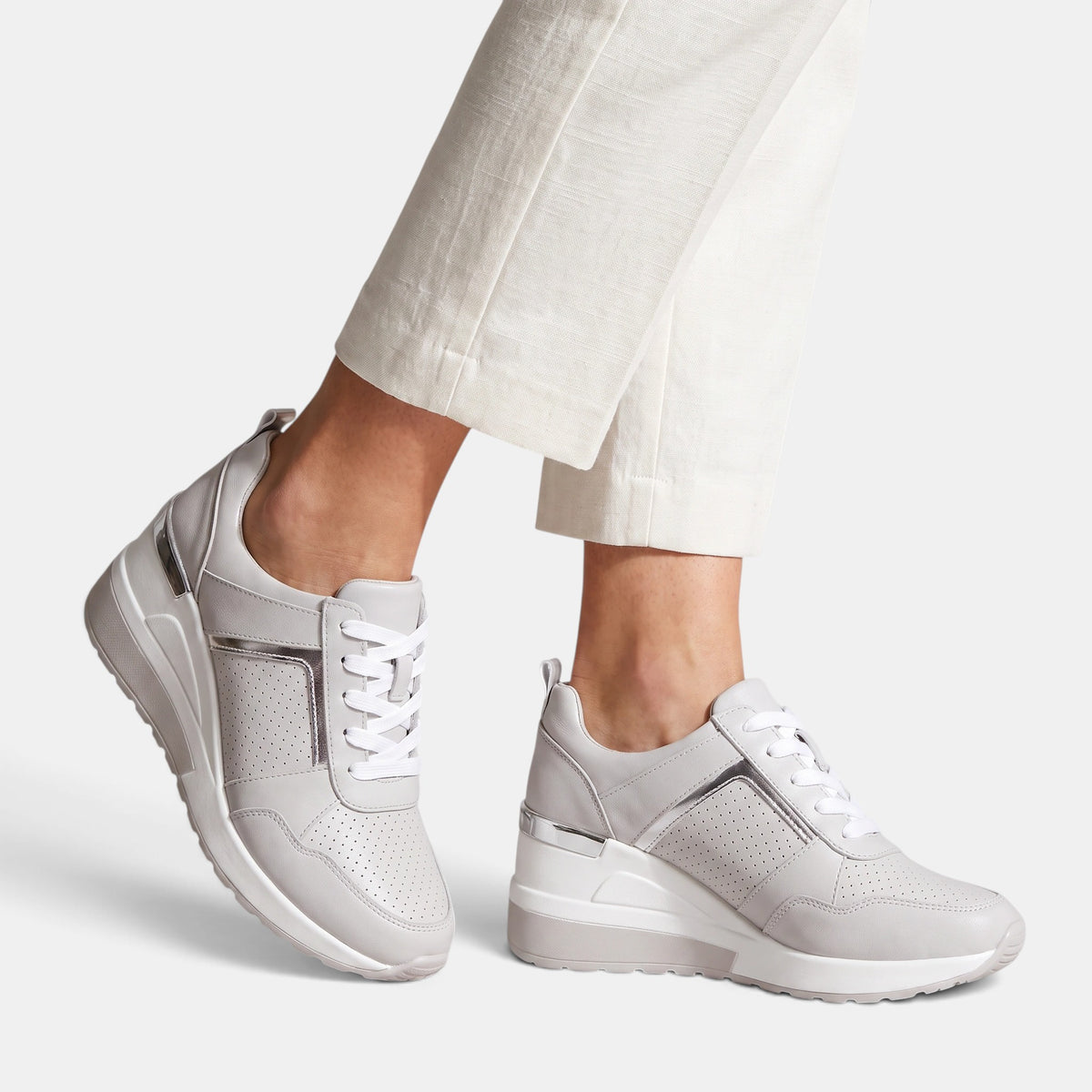 Women's Wedge Trainers with Lace Up and Perforated Design
