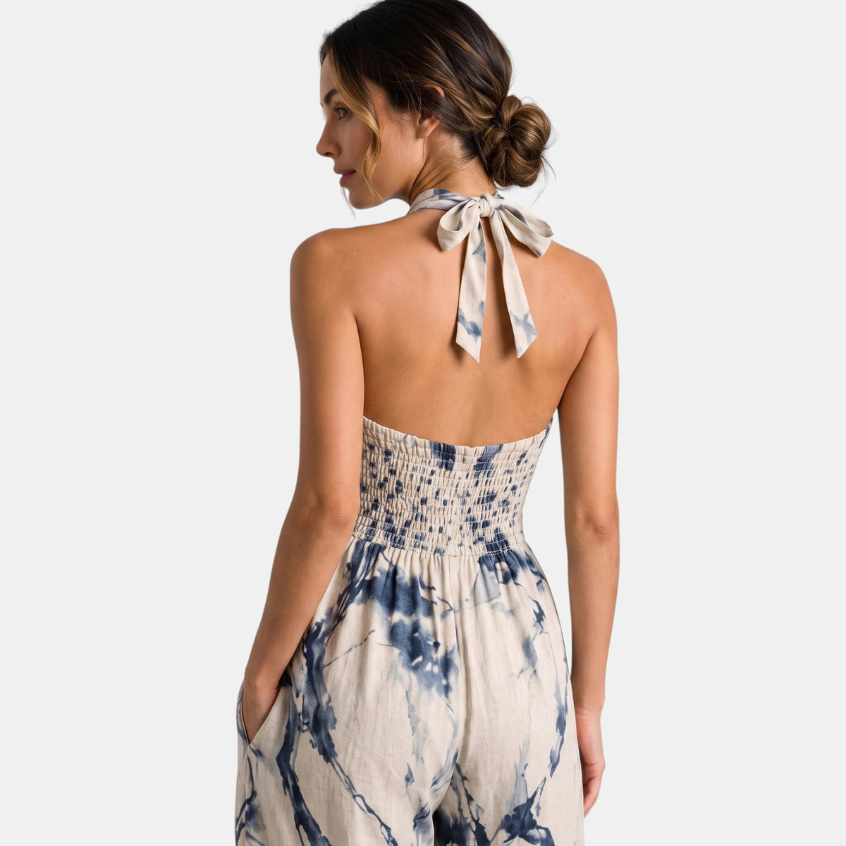 Women's Wide Leg Jumpsuit with Halter Neck and Tie Waist