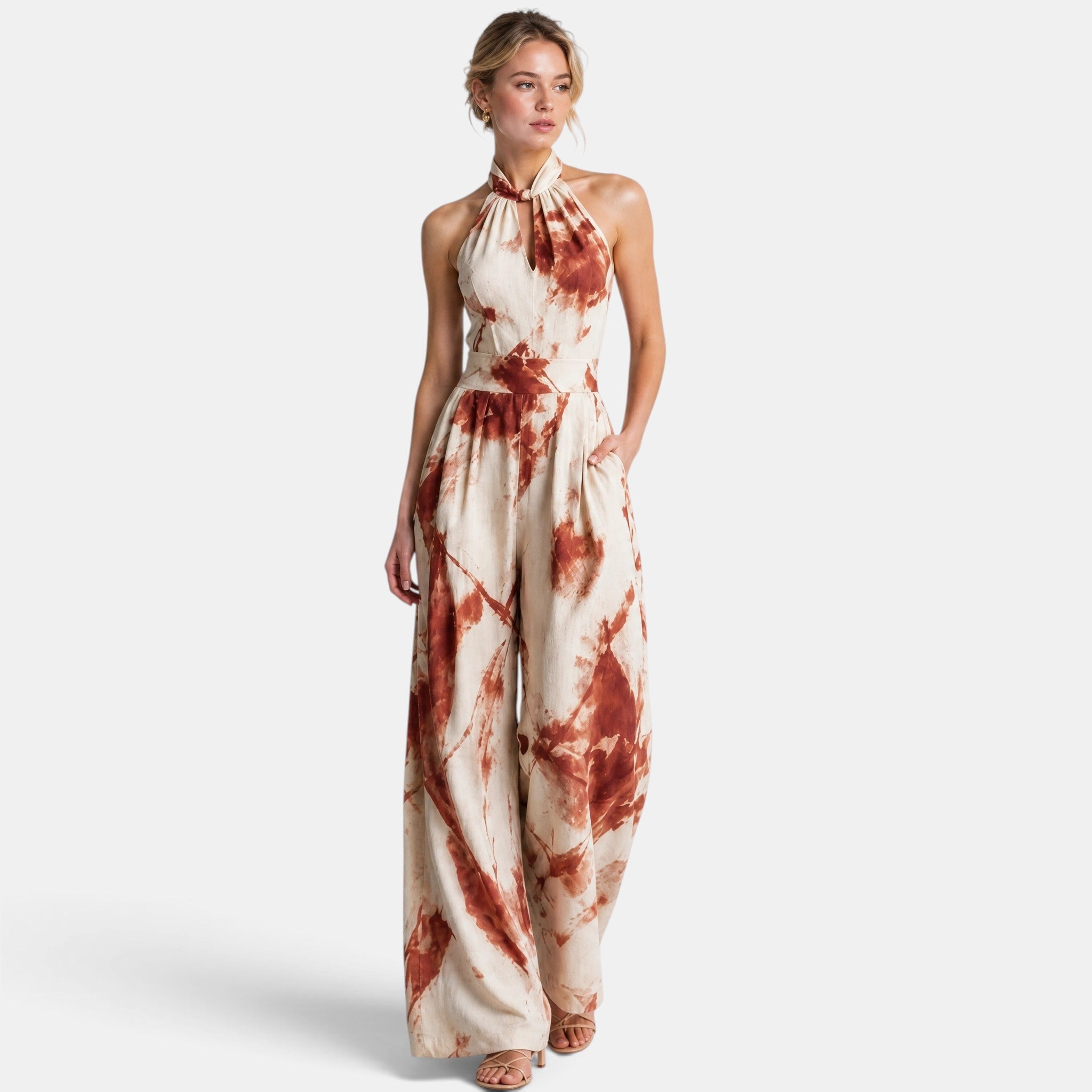 Women's Wide Leg Jumpsuit with Halter Neck and Tie Waist