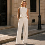Women's Wide Leg Jumpsuit with Sleeveless High Neck and Waist Detail