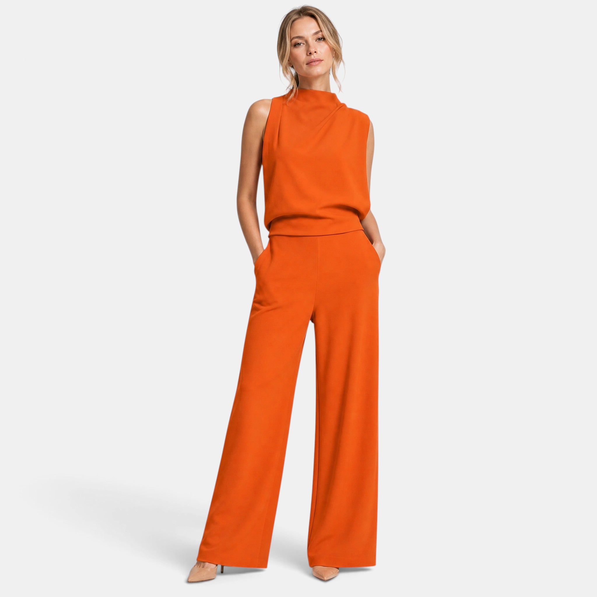 Women's Wide Leg Jumpsuit with Sleeveless High Neck and Waist Detail