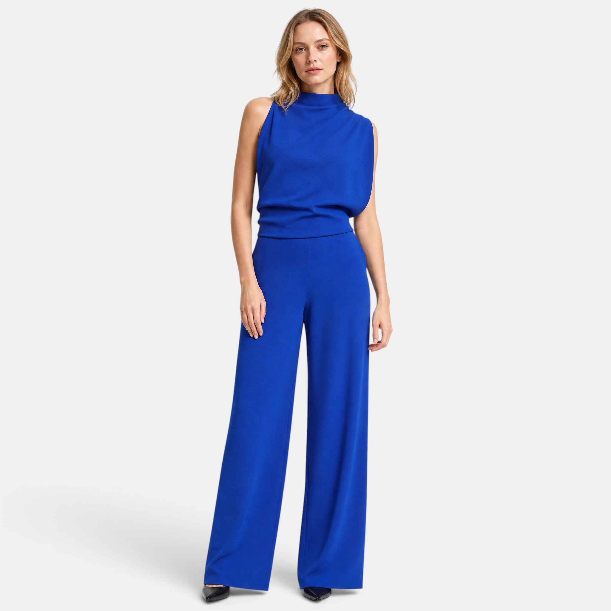 Women's Wide Leg Jumpsuit with Sleeveless High Neck and Waist Detail