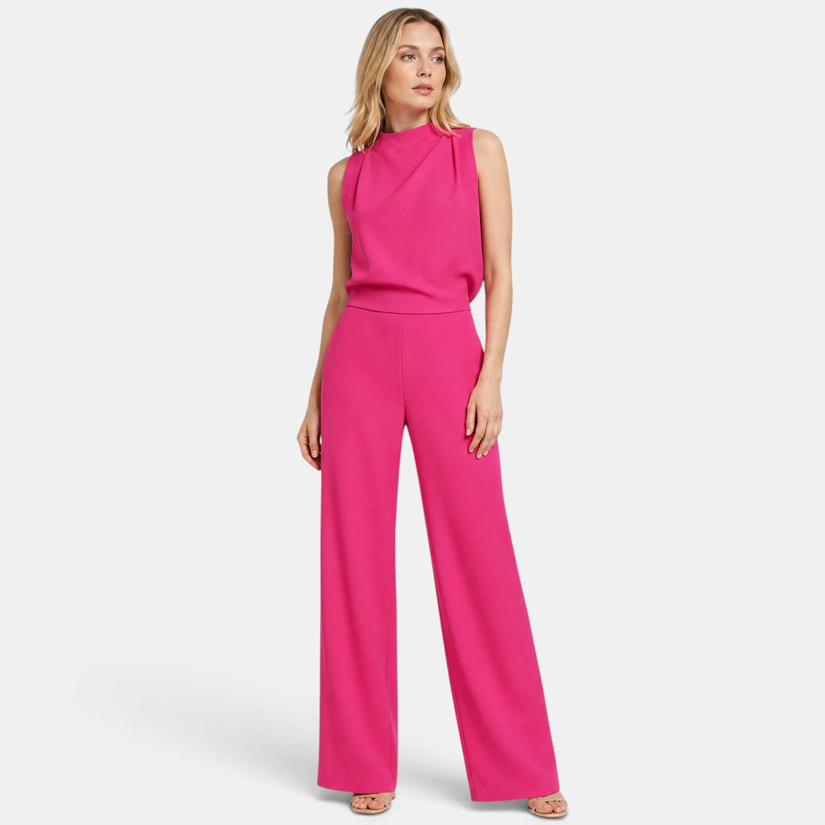 Women's Wide Leg Jumpsuit with Sleeveless High Neck and Waist Detail