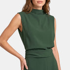 Women's Wide Leg Jumpsuit with Sleeveless High Neck and Waist Detail