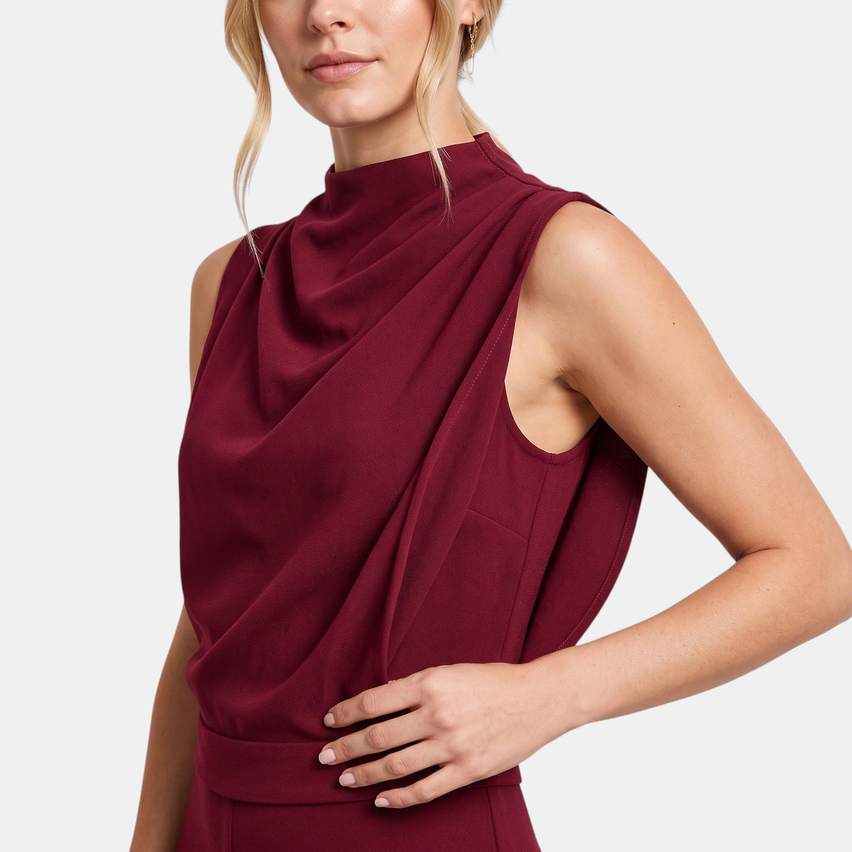 Women's Wide Leg Jumpsuit with Sleeveless High Neck and Waist Detail