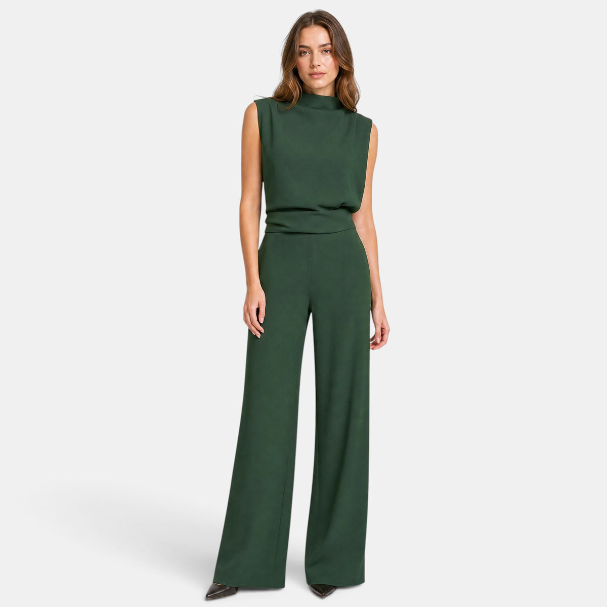 Women's Wide Leg Jumpsuit with Sleeveless High Neck and Waist Detail
