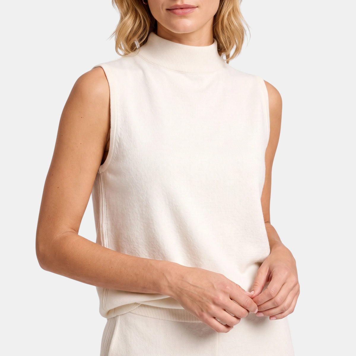 Women's Wide Leg Jumpsuit with Sleeveless High Neck and Waist Detail
