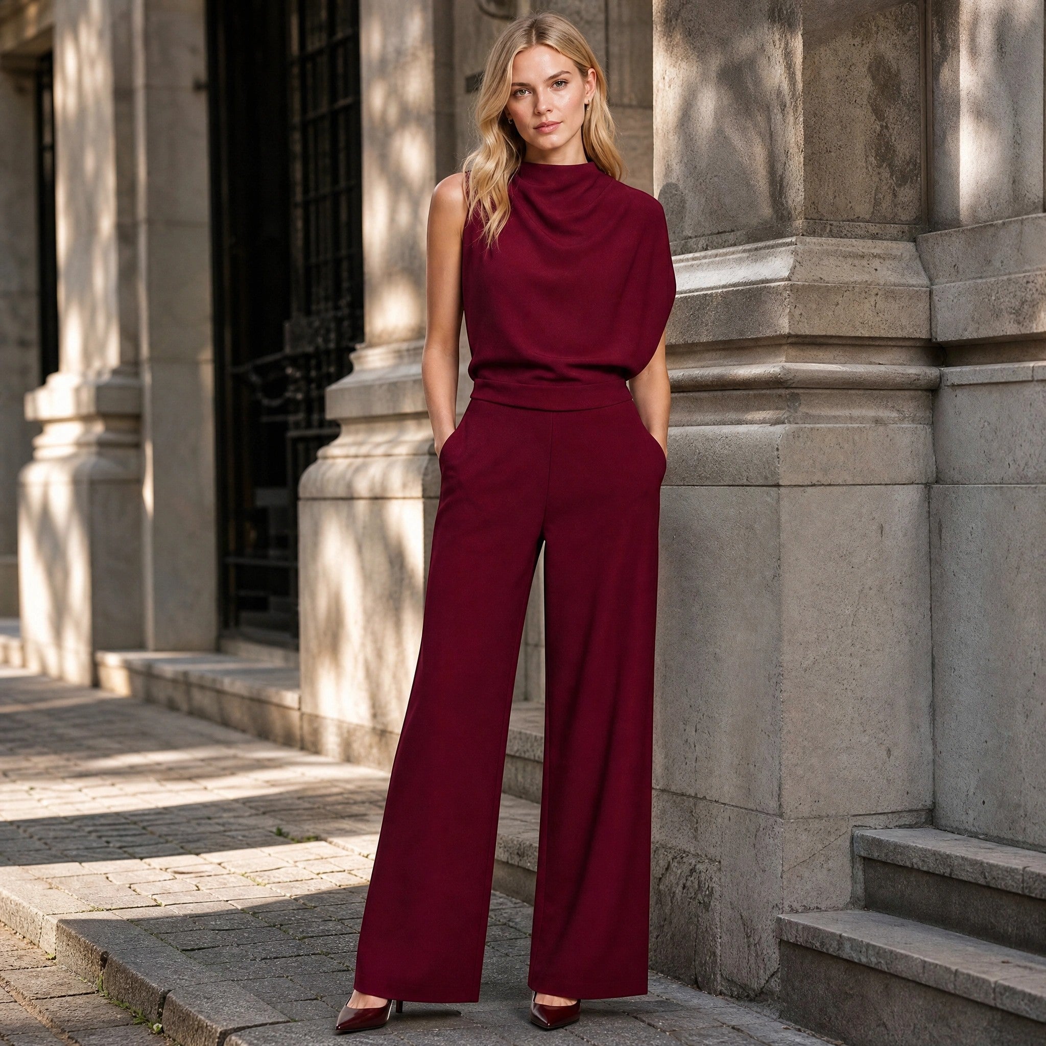 Women's Wide Leg Jumpsuit with Sleeveless High Neck and Waist Detail
