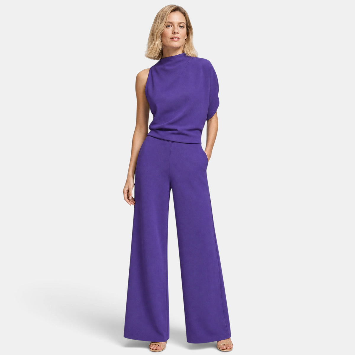 Women's Wide Leg Jumpsuit with Sleeveless High Neck and Waist Detail