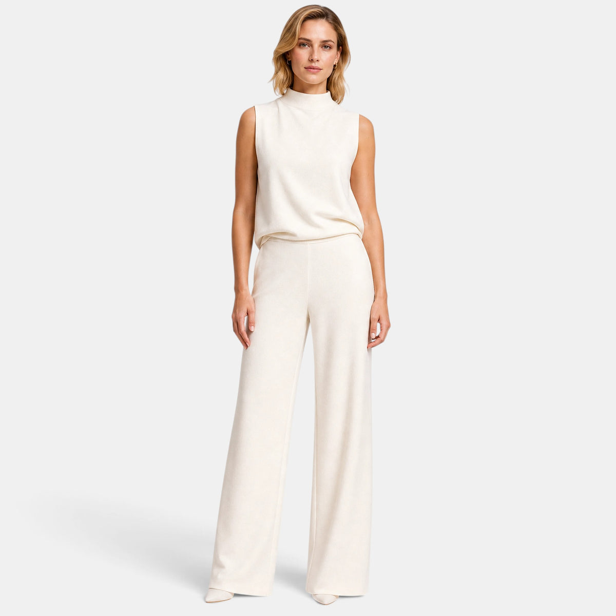 Women's Wide Leg Jumpsuit with Sleeveless High Neck and Waist Detail