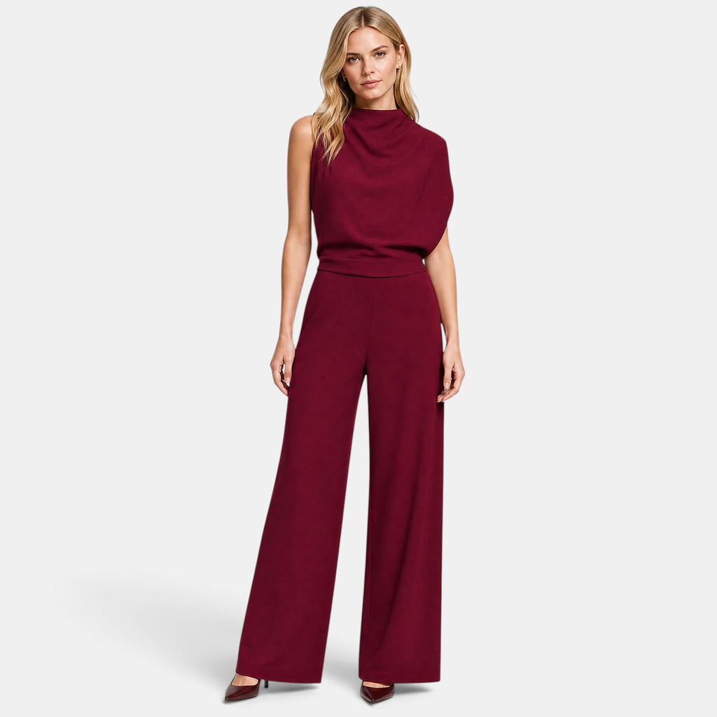 Women's Wide Leg Jumpsuit with Sleeveless High Neck and Waist Detail