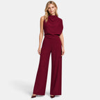 Women's Wide Leg Jumpsuit with Sleeveless High Neck and Waist Detail