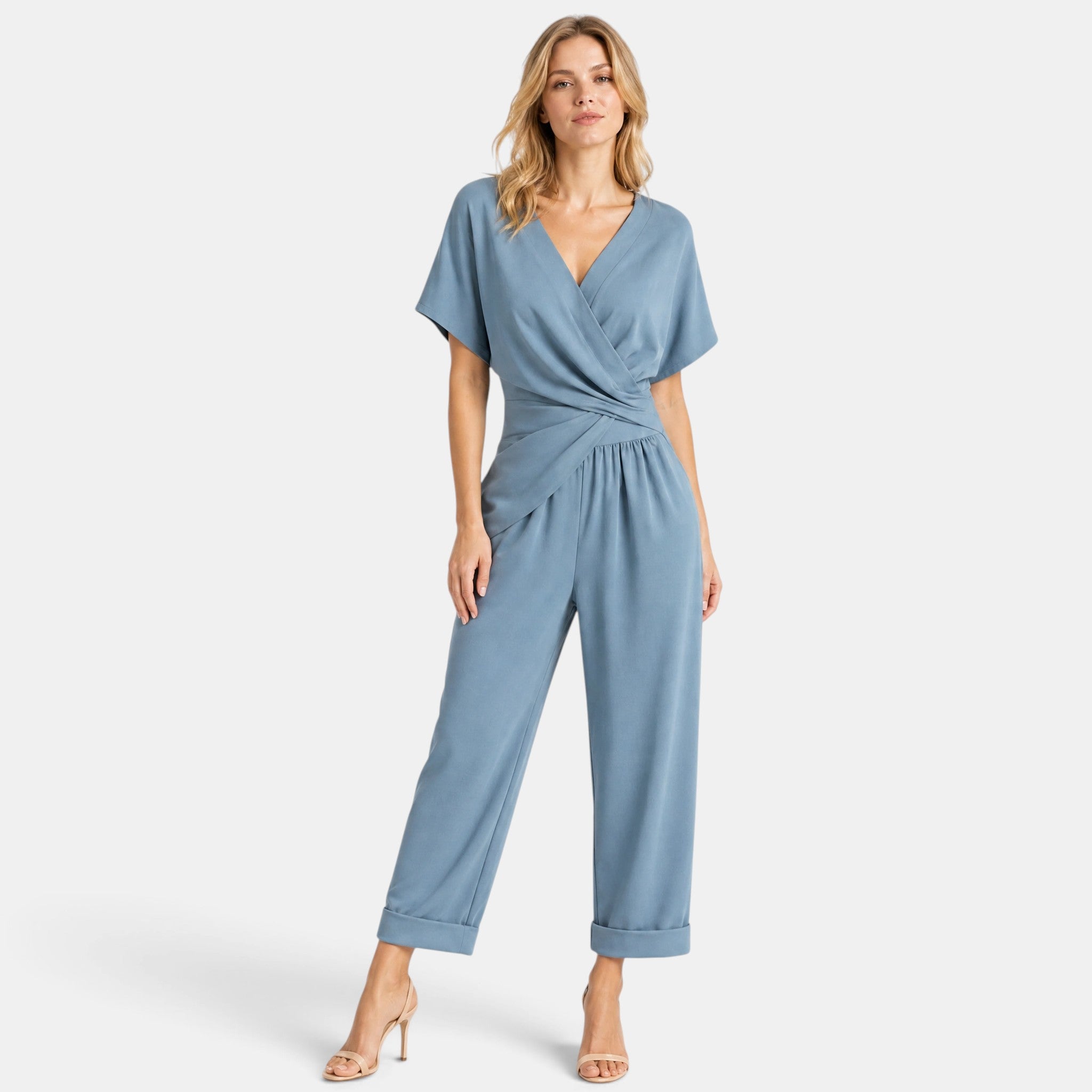 Women's Wrap Front Jumpsuit with Wide Leg Trousers and Short Sleeves