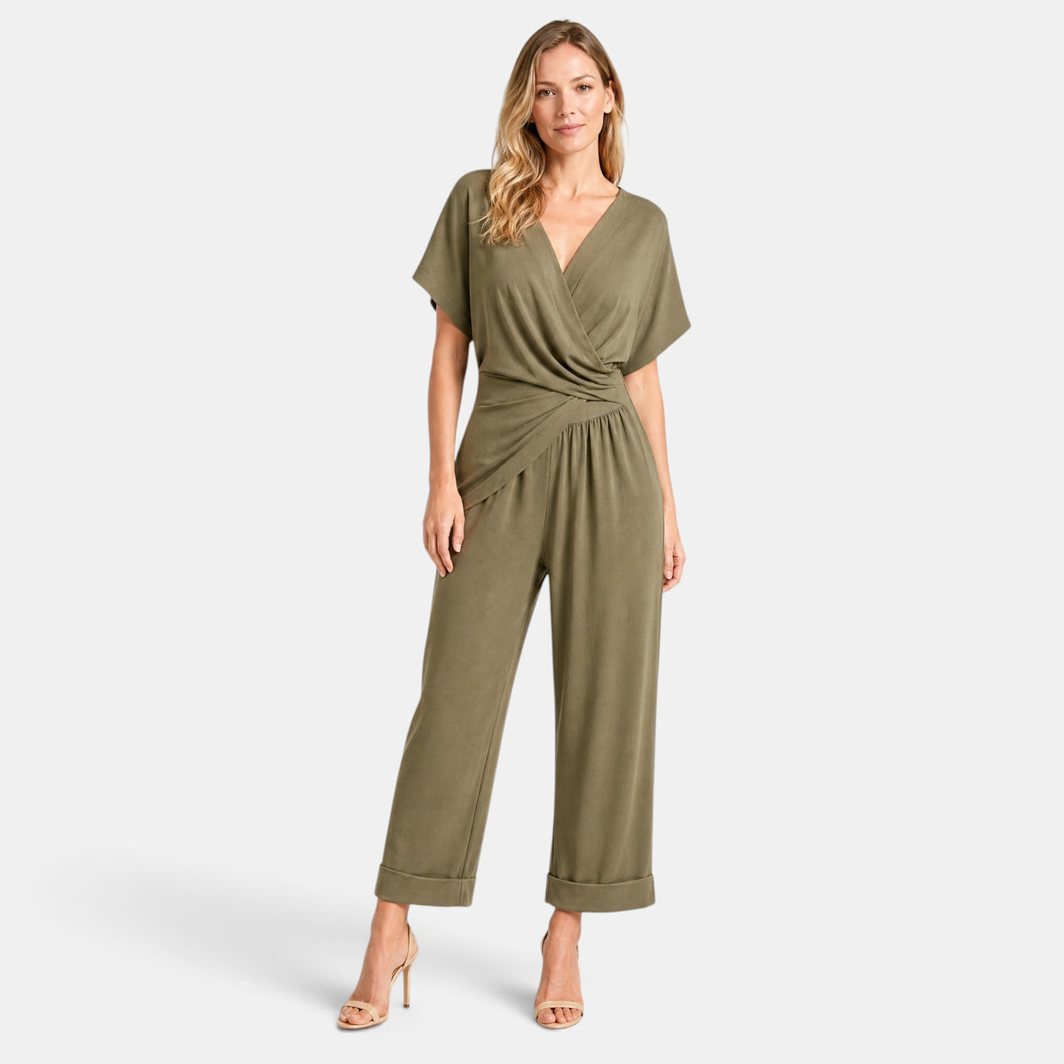 Women's Wrap Front Jumpsuit with Wide Leg Trousers and Short Sleeves