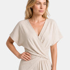 Women's Wrap Front Jumpsuit with Wide Leg Trousers and Short Sleeves