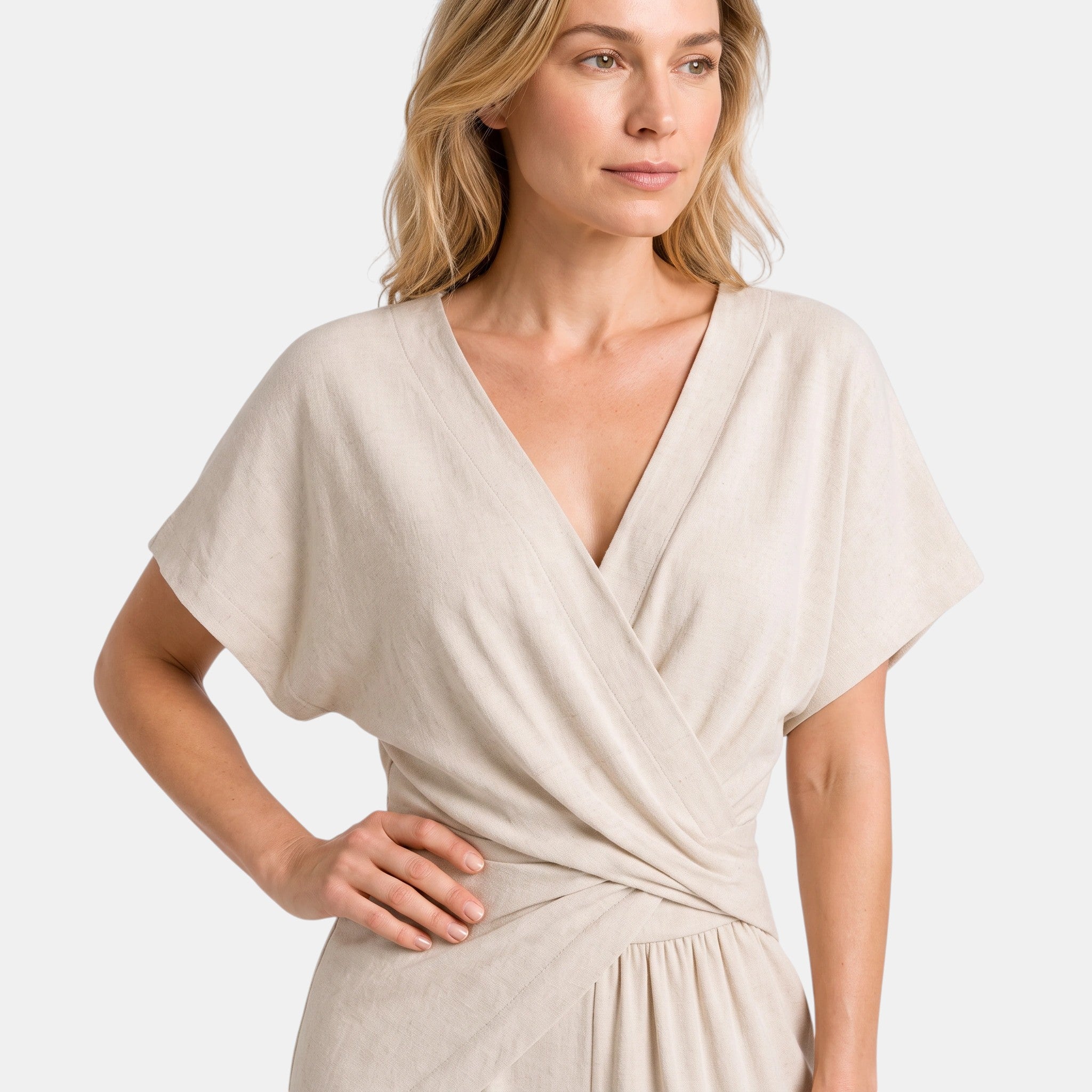 Women's Wrap Front Jumpsuit with Wide Leg Trousers and Short Sleeves
