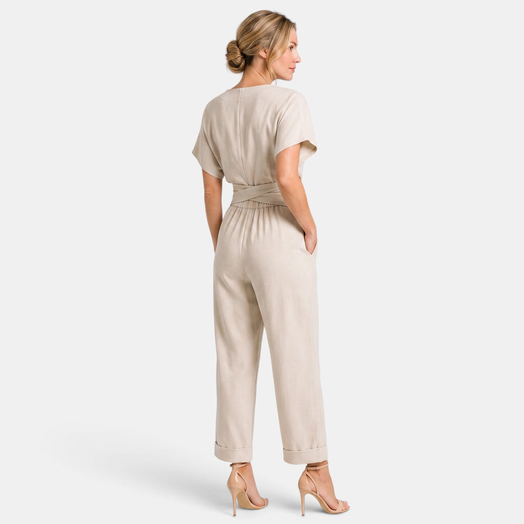 Women's Wrap Front Jumpsuit with Wide Leg Trousers and Short Sleeves