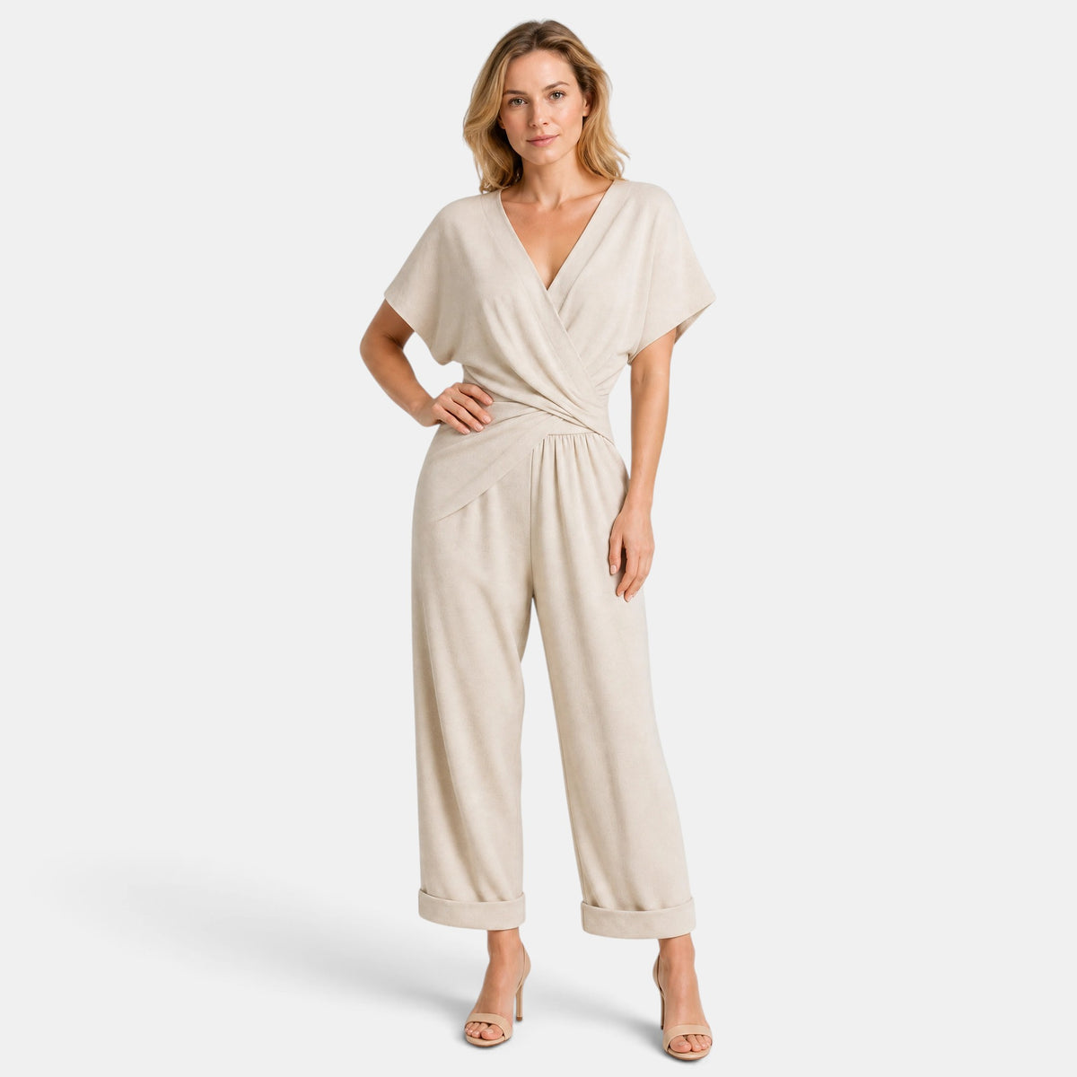 Women's Wrap Front Jumpsuit with Wide Leg Trousers and Short Sleeves