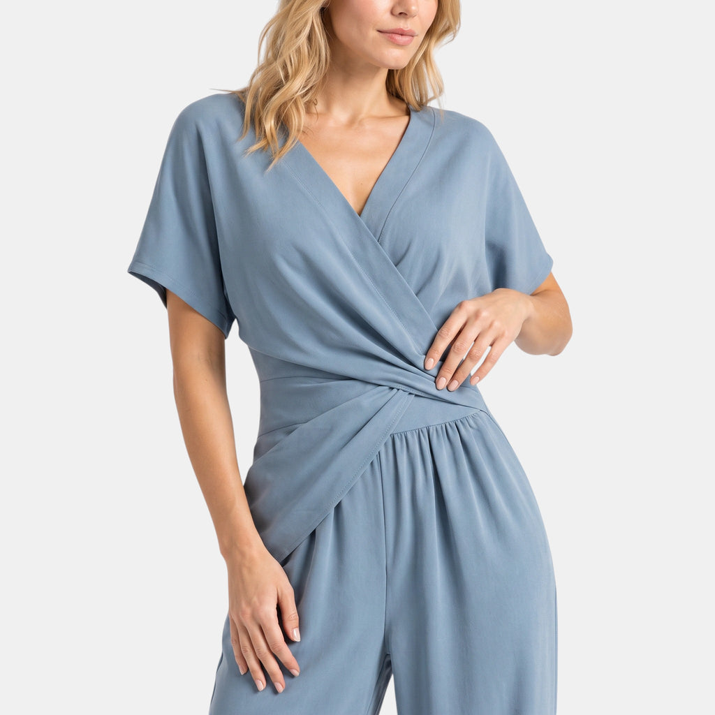 Women's Wrap Front Jumpsuit with Wide Leg Trousers and Short Sleeves