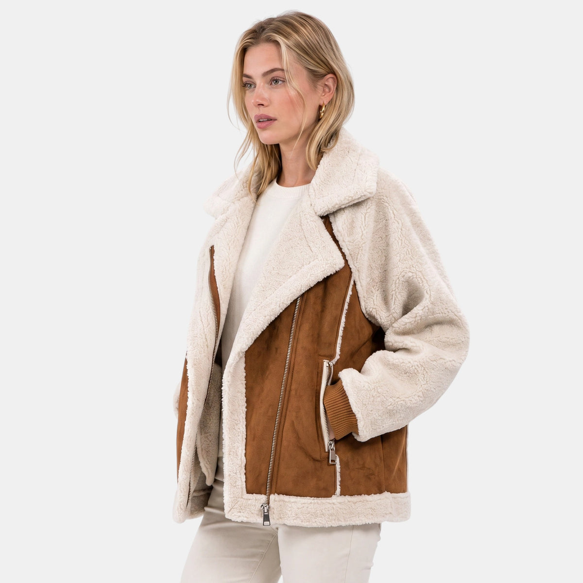 Women's Zip Up Jacket with Oversized Collar and Long Sleeves
