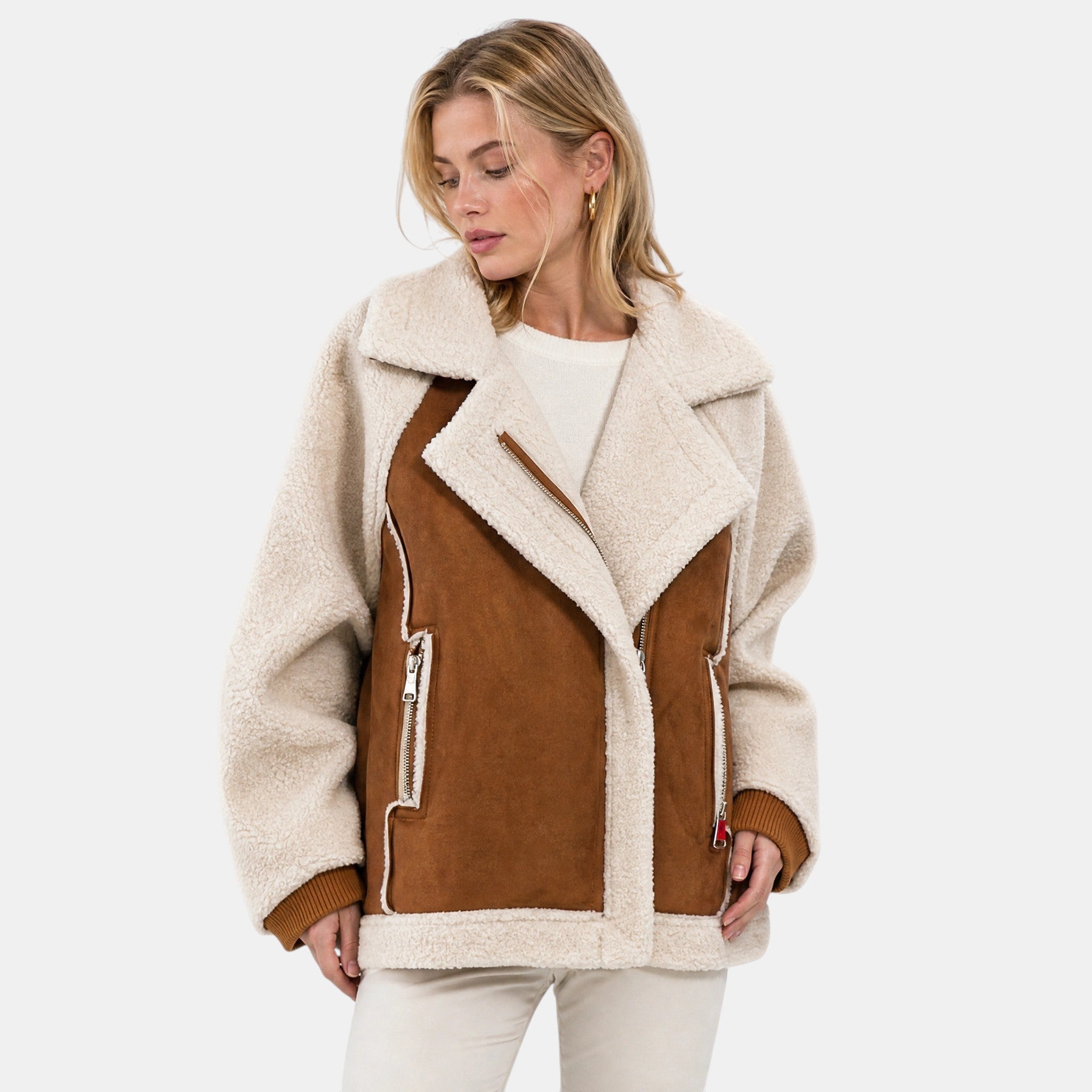 Women's Zip Up Jacket with Oversized Collar and Long Sleeves